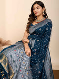 Winsome Teal Blue Zari Weaving Silk Function Wear Saree With Blouse