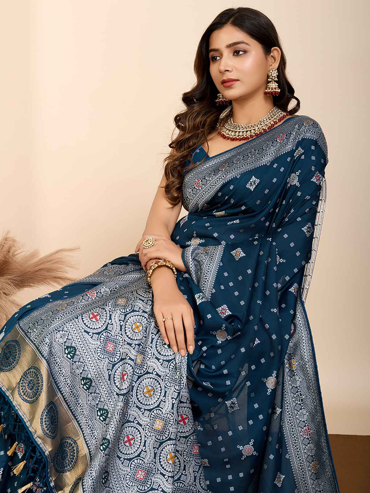 Winsome Teal Blue Zari Weaving Silk Function Wear Saree With Blouse