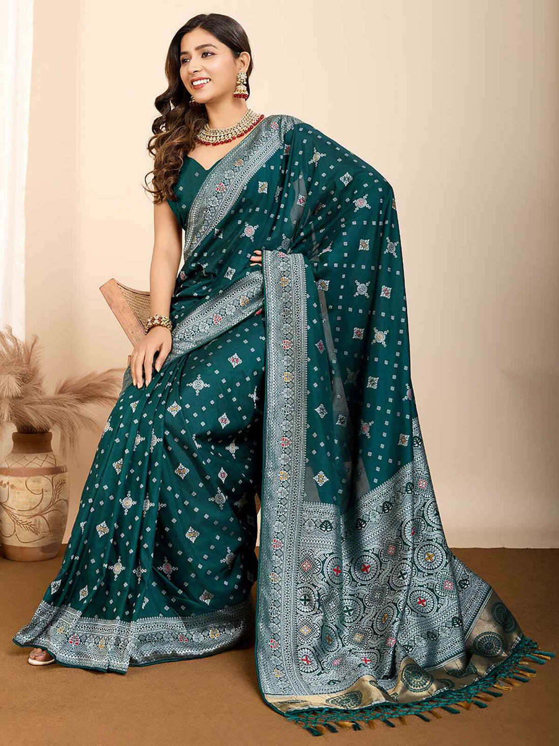 Beautiful Green Zari Weaving Silk Festival Wear Saree With Blouse