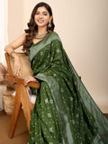 Glamorous Olive Green Zari Weaving Silk Mehendi Wear Saree
