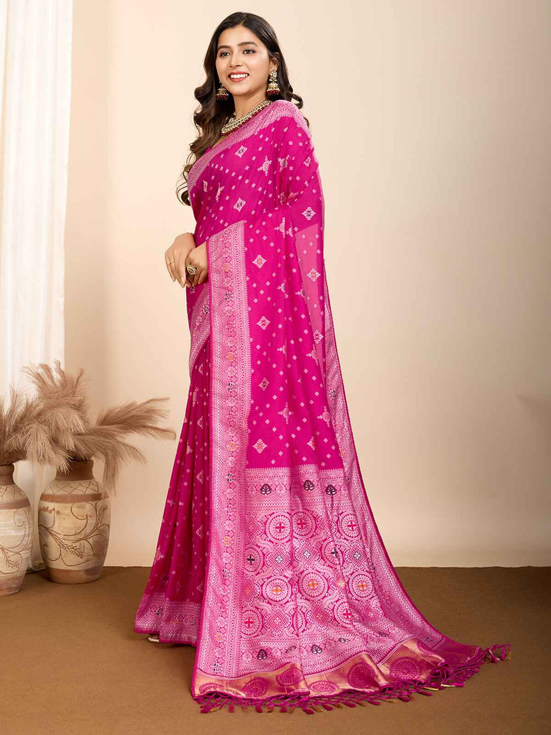 Fascinating Rani Pink Zari Weaving Silk Traditional Saree With Blouse