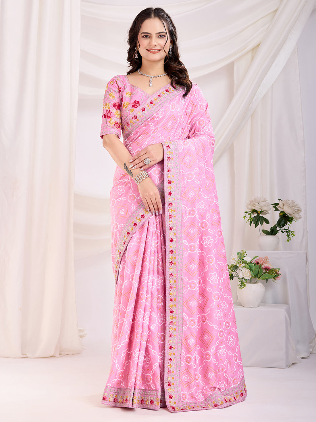 Alluring Pink Bandhani Printed Silk Bridal Saree