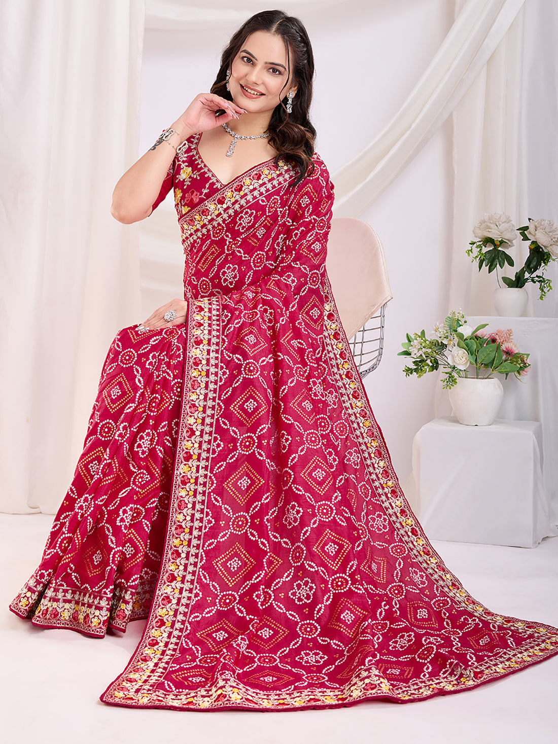 Outstanding Red Bandhani Printed Silk Bridal Saree