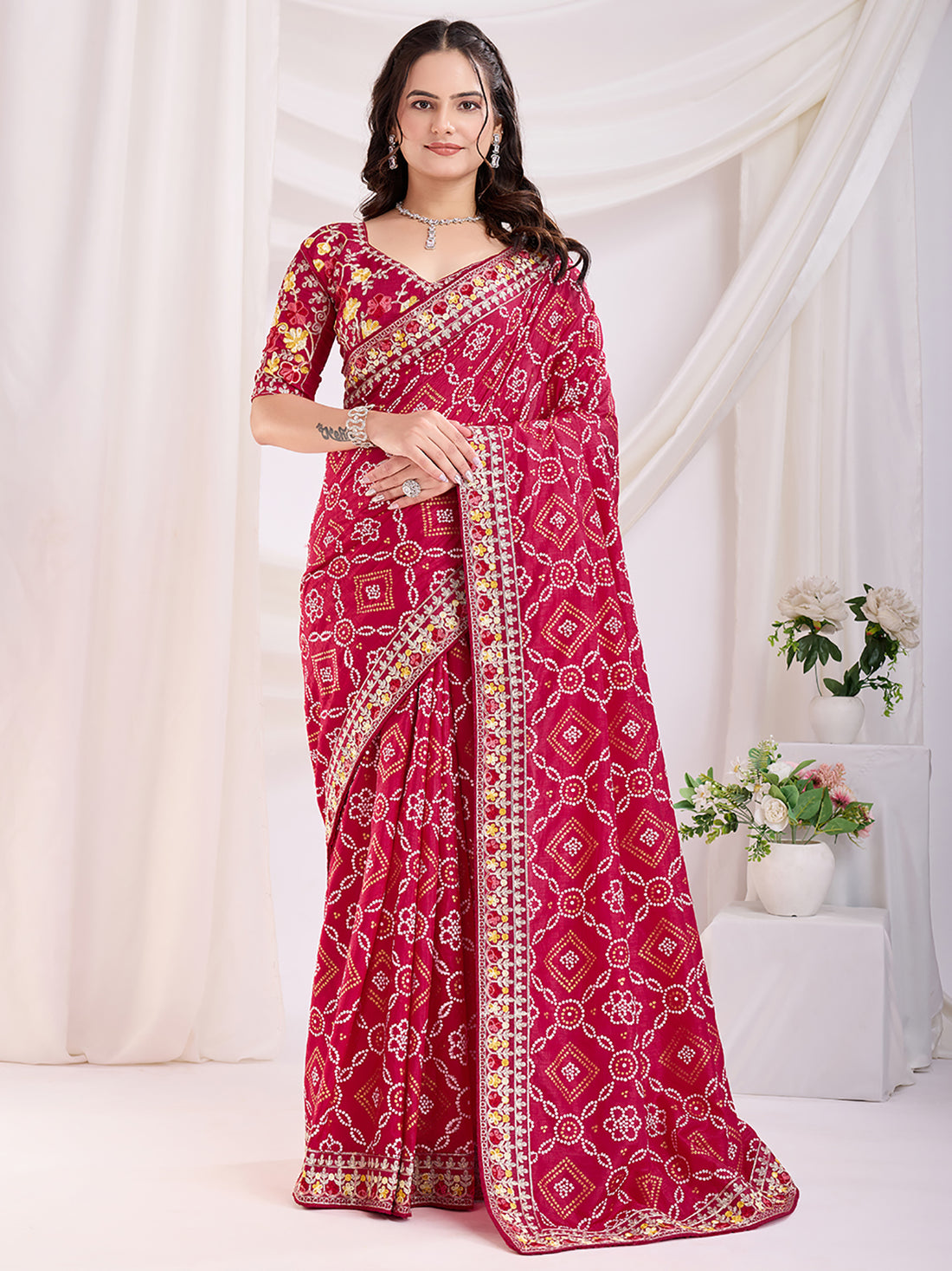 Outstanding Red Bandhani Printed Silk Bridal Saree