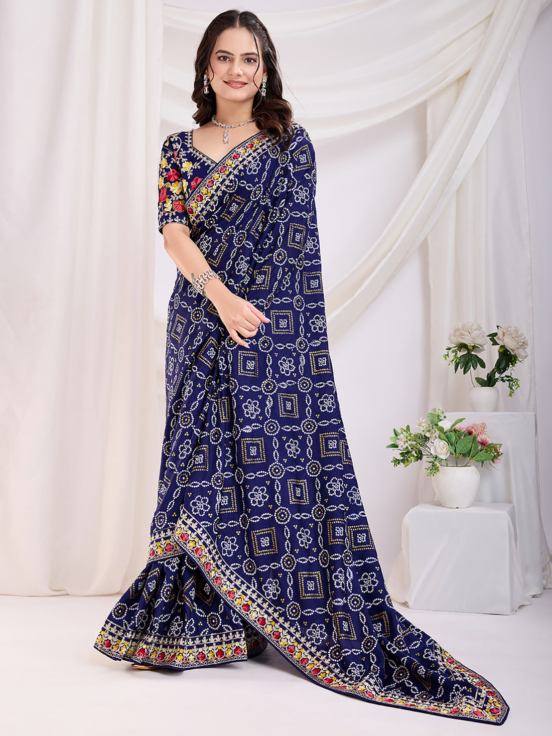 Spectacular Blue Bandhani Printed Silk Wedding Saree