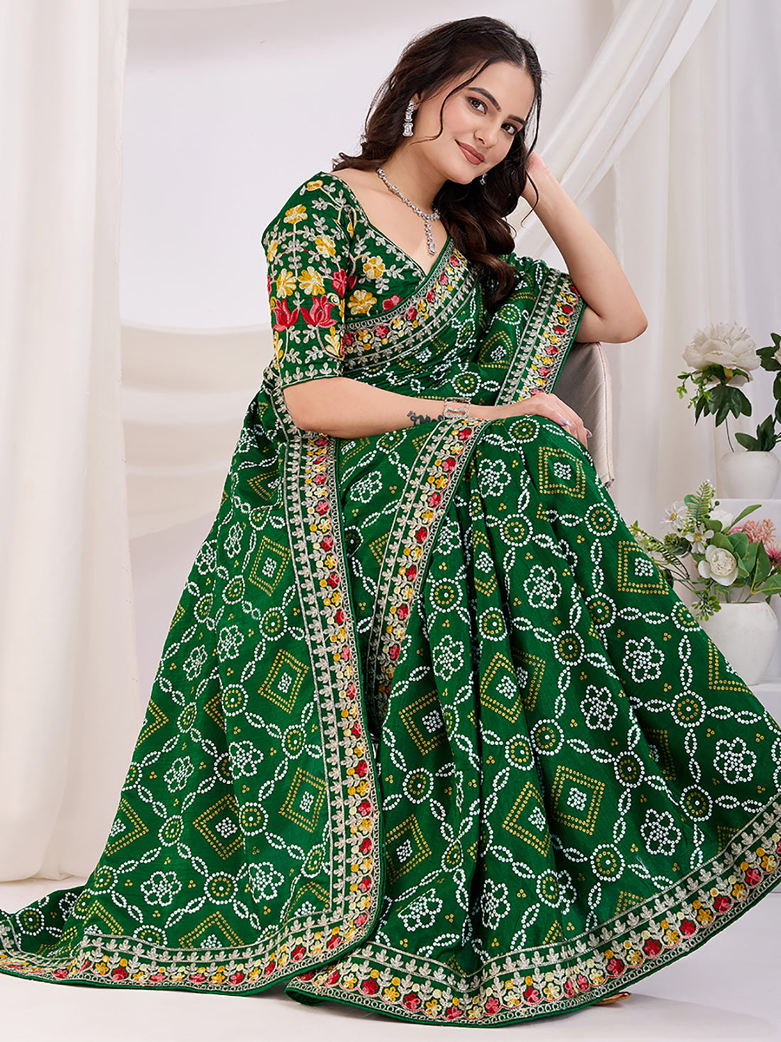 Awesome Green Bandhani Printed Silk Wedding Saree