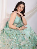 Incredible Sea Green Thread Embroidery Net Designer Saree With Blouse