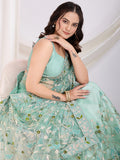 Incredible Sea Green Thread Embroidery Net Designer Saree With Blouse