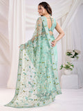 Incredible Sea Green Thread Embroidery Net Designer Saree With Blouse