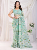 Incredible Sea Green Thread Embroidery Net Designer Saree With Blouse
