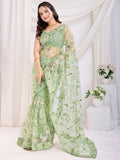 Spectacular Pista Green Thread Embroidery Net Festive Wear Saree
