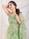 Spectacular Pista Green Thread Embroidery Net Festive Wear Saree