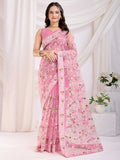 Marvelous Pink Thread Embroidery Net Event Wear Saree