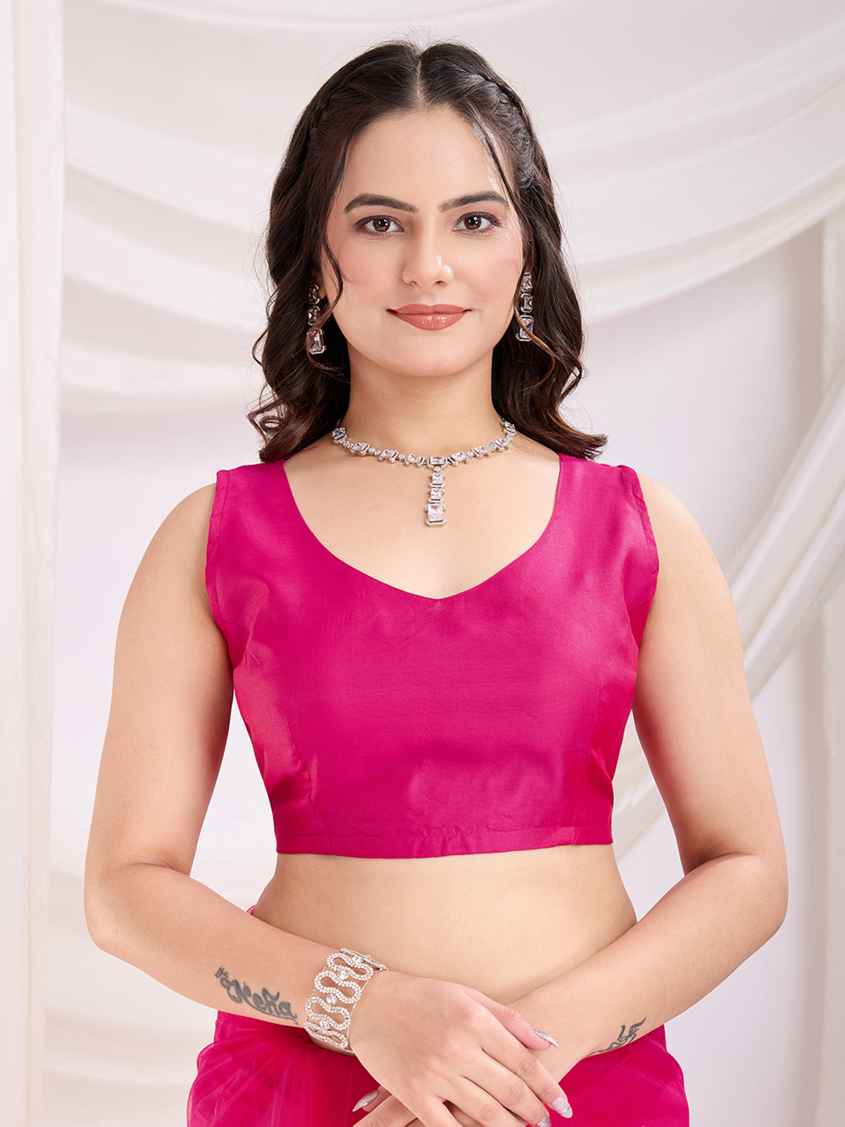 Alluring Hot Pink Thread Embroidery Net Evening Wear Saree