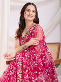 Alluring Hot Pink Thread Embroidery Net Evening Wear Saree