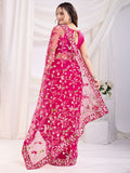 Alluring Hot Pink Thread Embroidery Net Evening Wear Saree