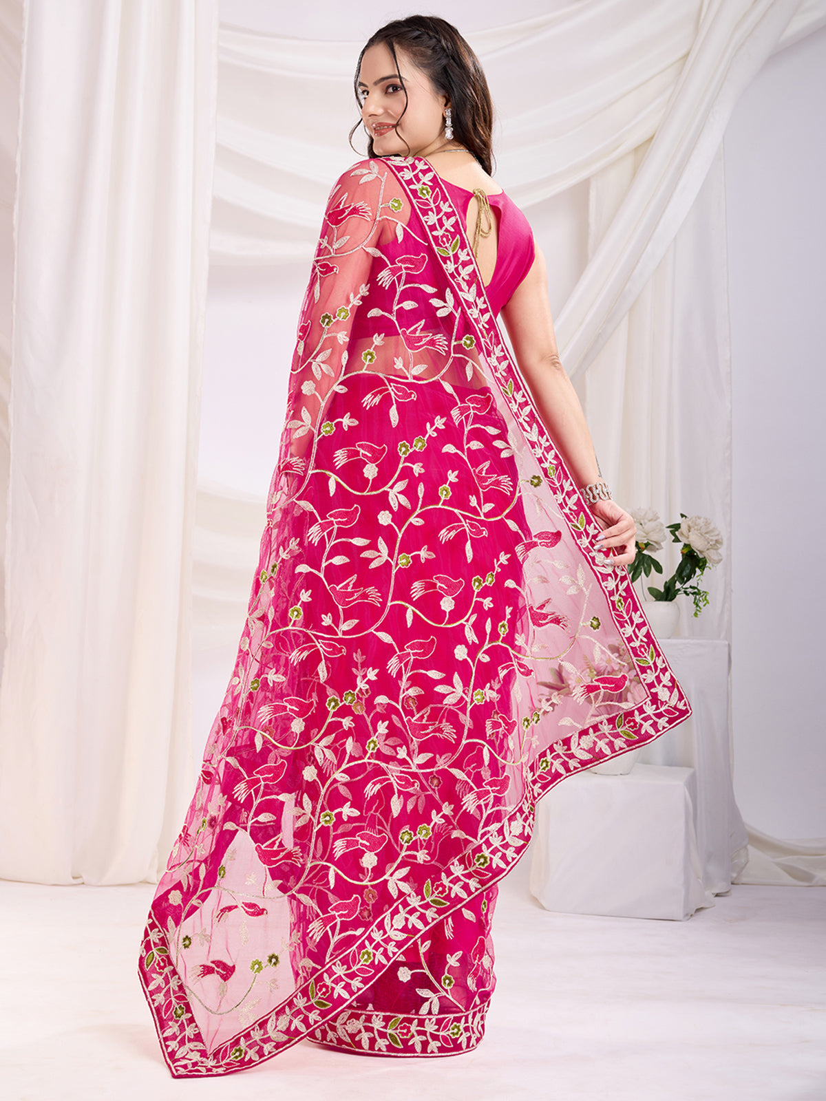 Alluring Hot Pink Thread Embroidery Net Evening Wear Saree
