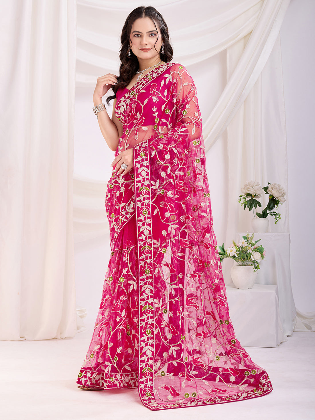 Alluring Hot Pink Thread Embroidery Net Evening Wear Saree