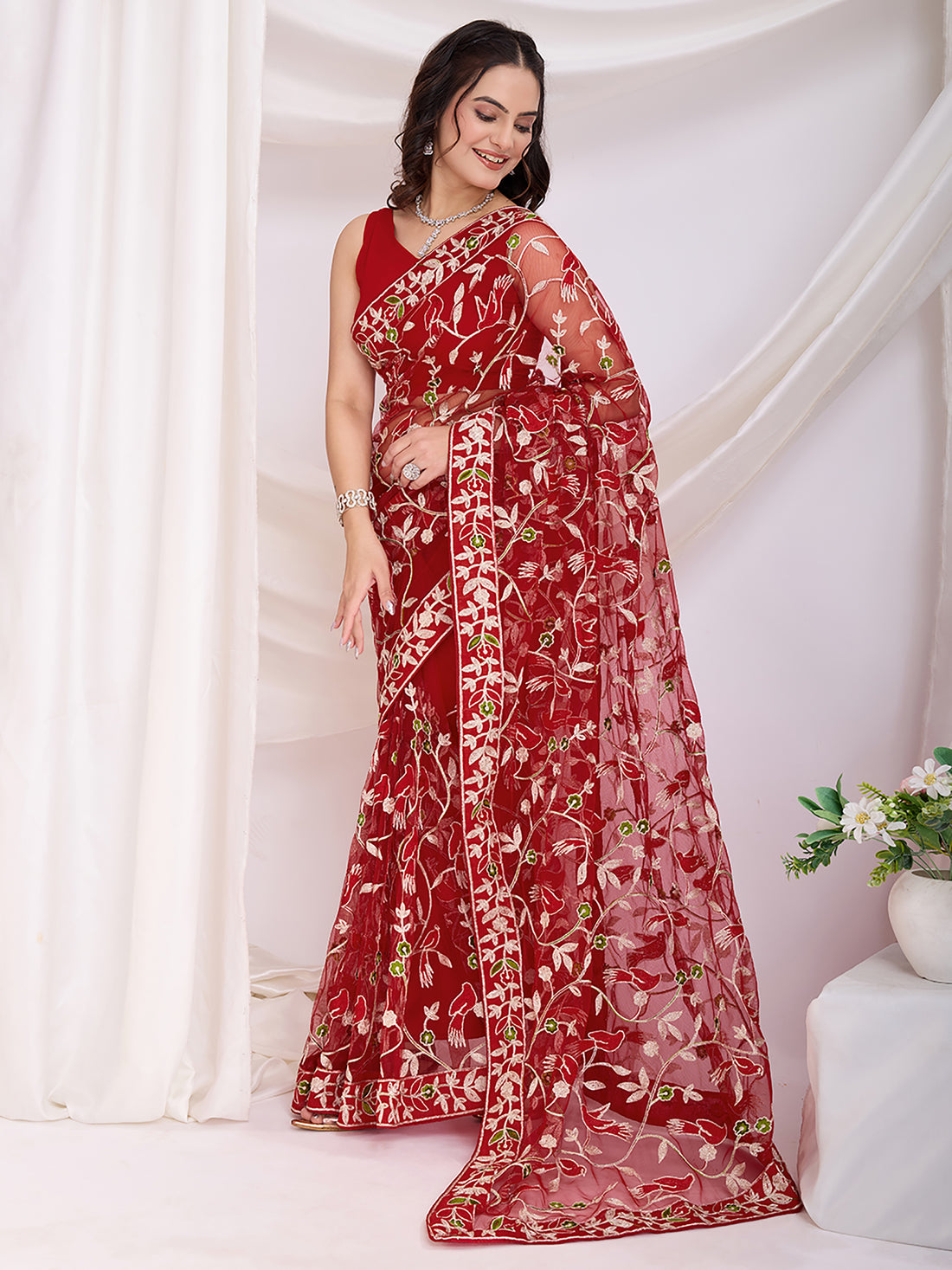Fantastic Maroon Thread Embroidery Net Festive Wear Saree