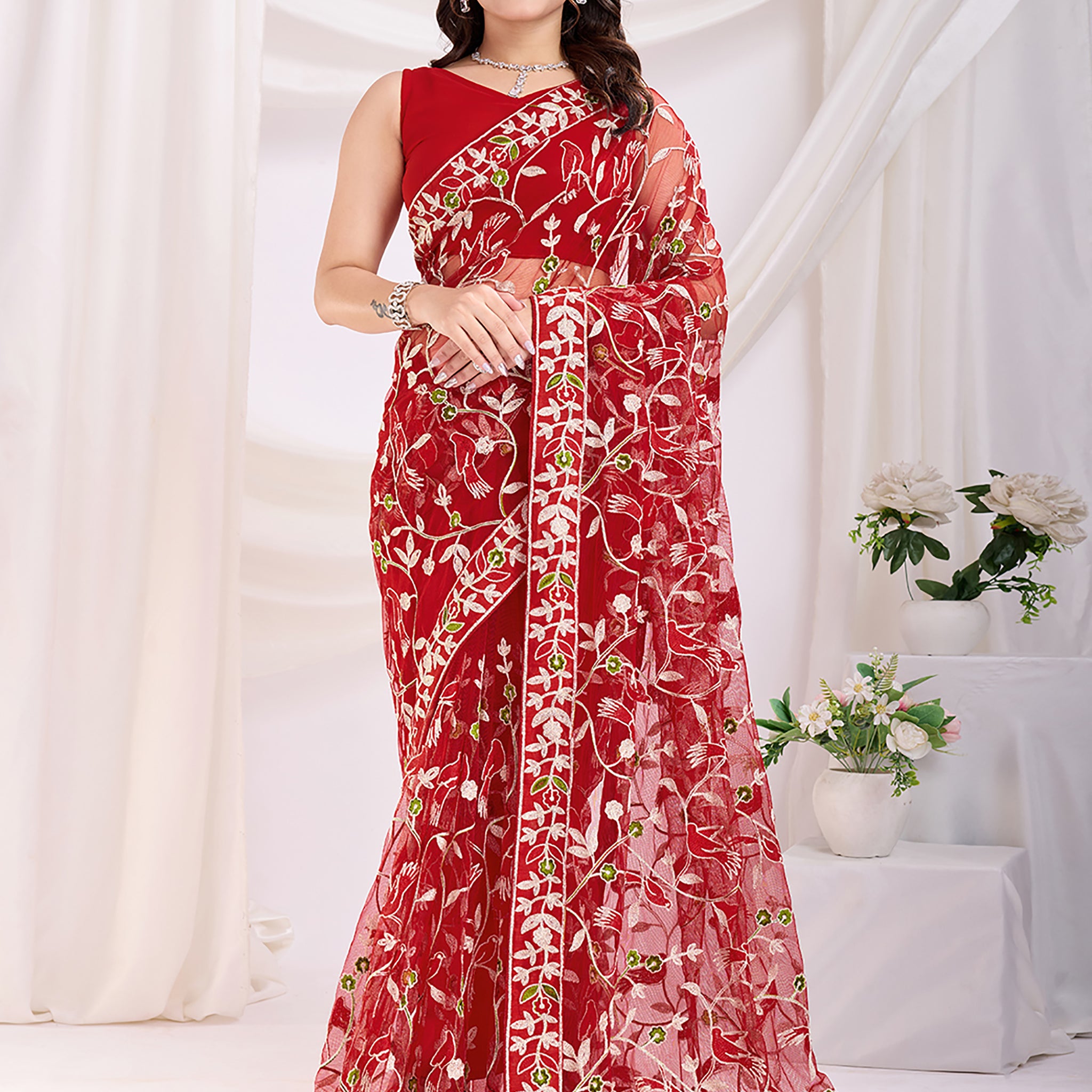 Fantastic Maroon Thread Embroidery Net Festive Wear Saree