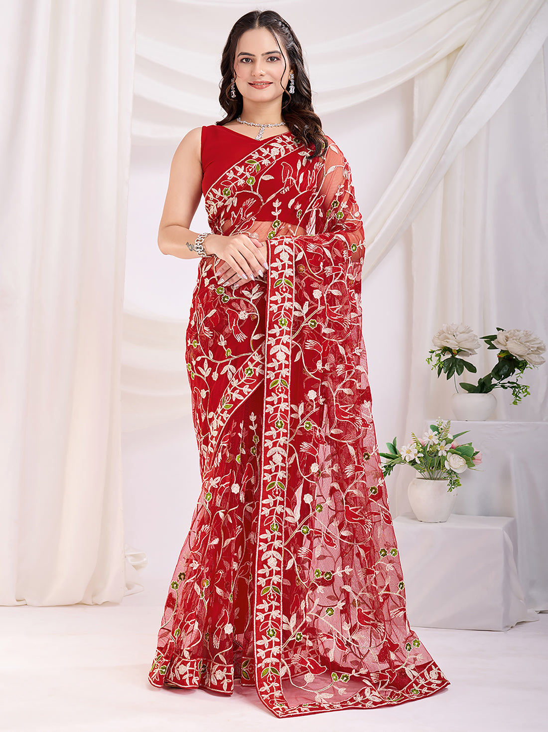 Fantastic Maroon Thread Embroidery Net Festive Wear Saree