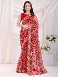 Fantastic Maroon Thread Embroidery Net Festive Wear Saree