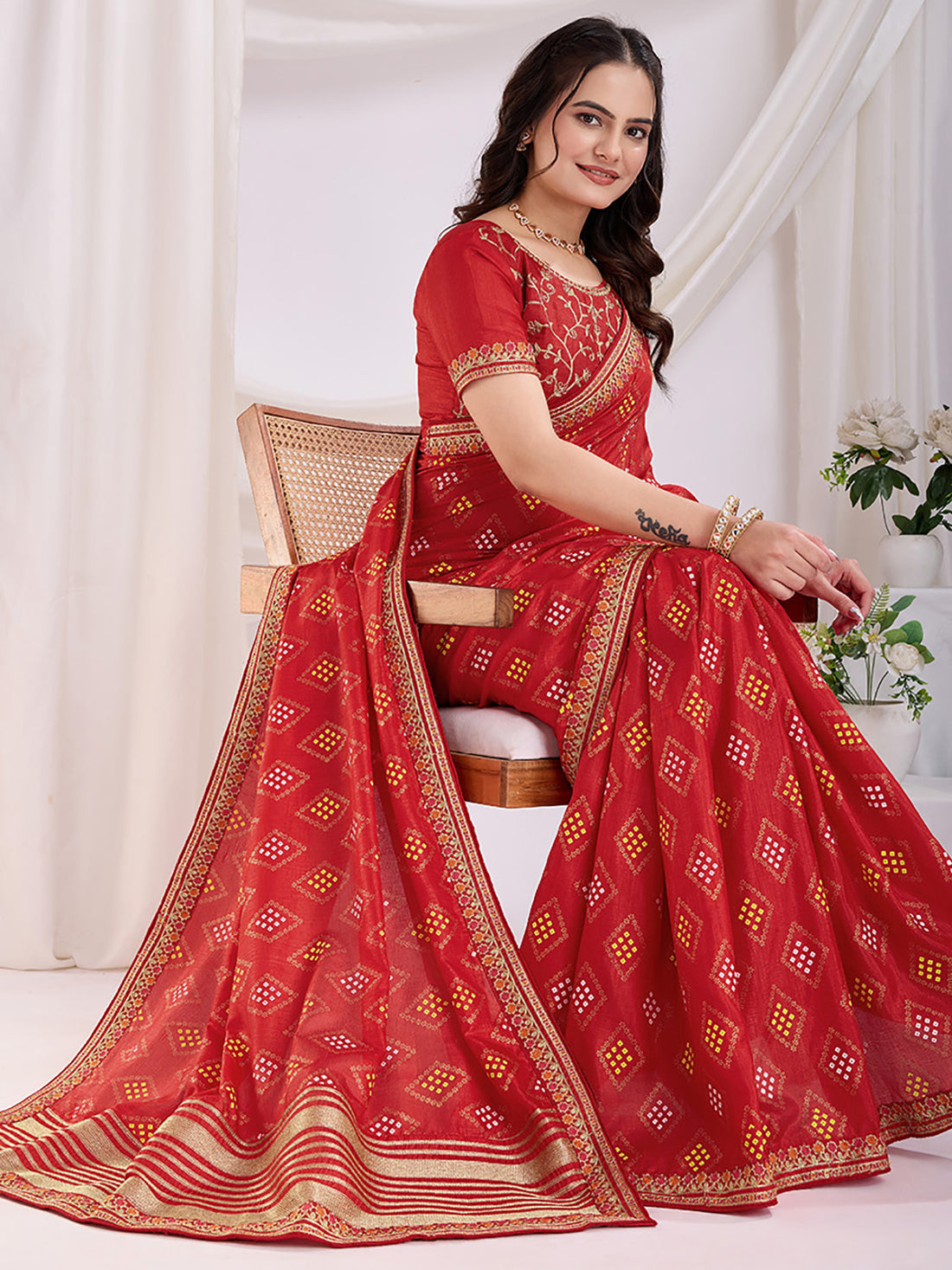 Spectacular Red Bandhej Printed Silk Bridal Wear Saree