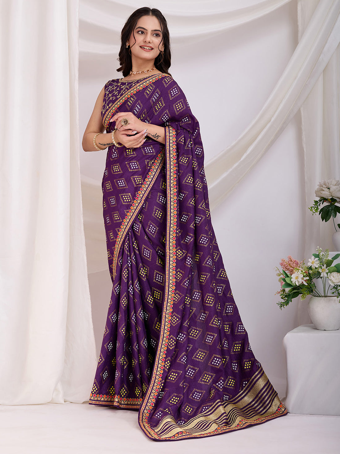 Sweet Purple Bandhej Printed Silk Event Wear Saree