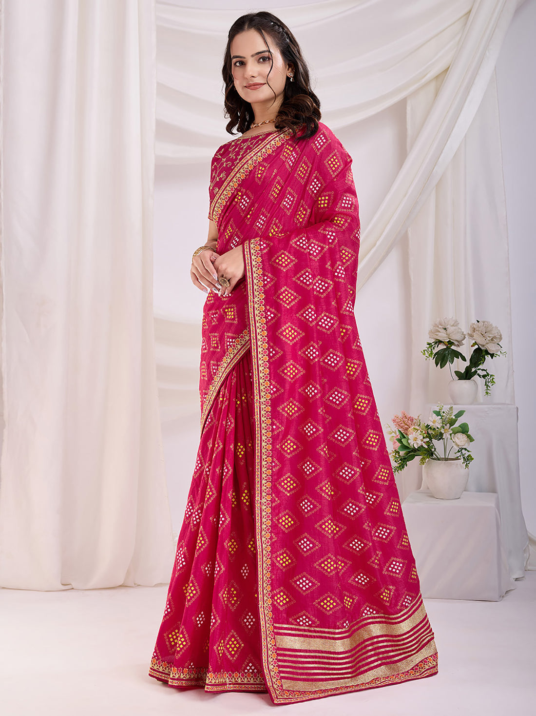 Fantastic Pink Bandhej Printed Silk Traditional Wear Saree