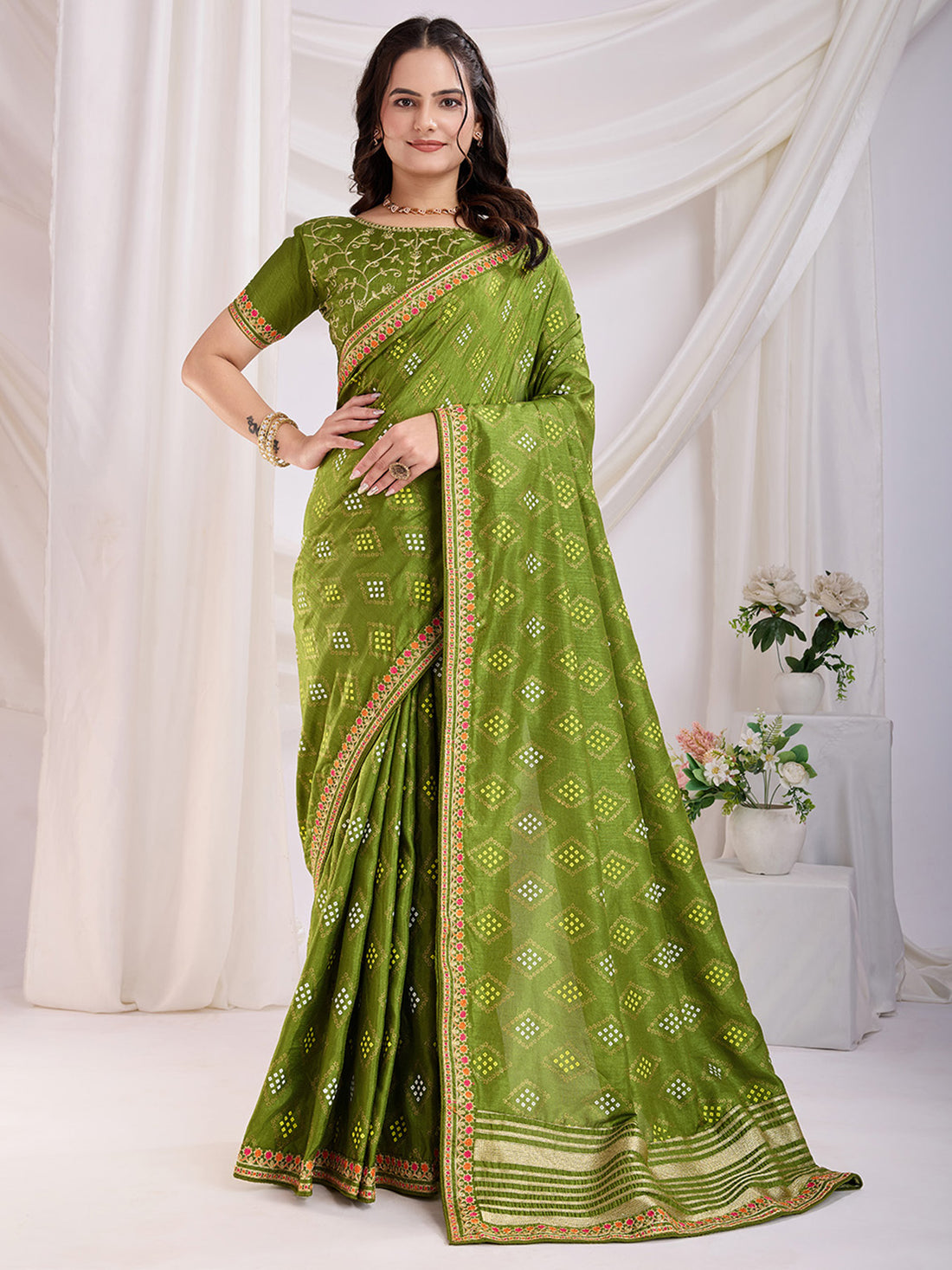 Precious Green Bandhej Printed Silk Mehendi Wear Saree