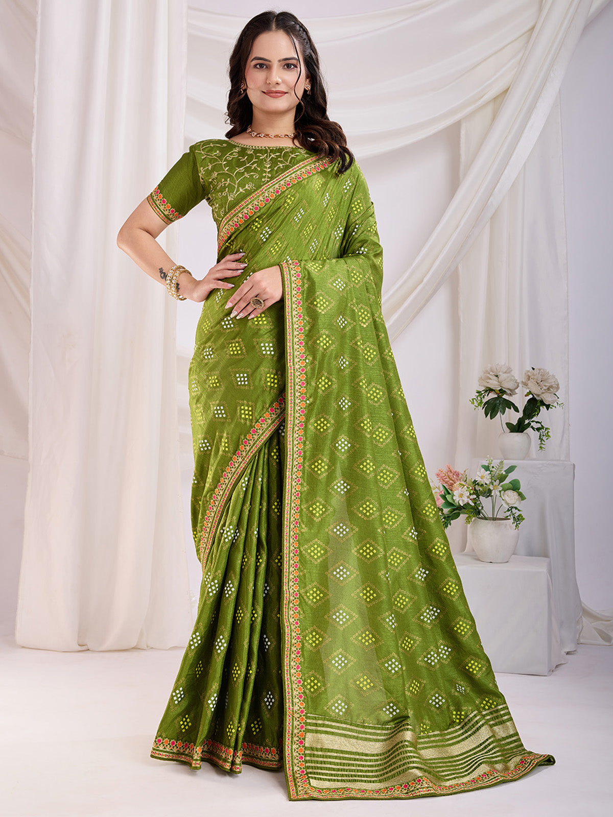 Precious Green Bandhej Printed Silk Mehendi Wear Saree