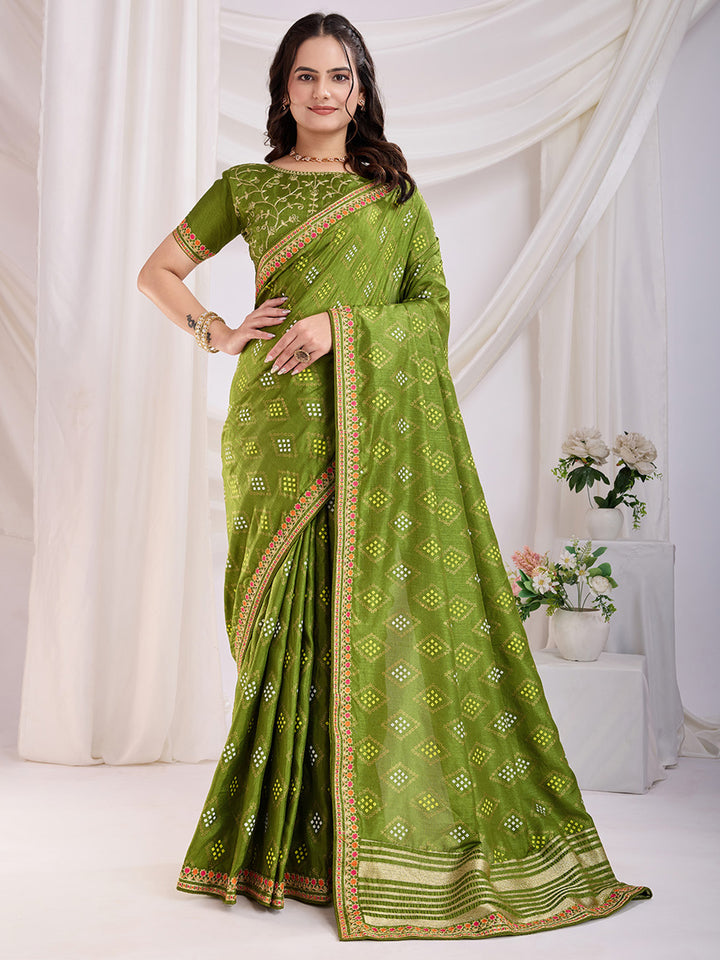 Precious Green Bandhej Printed Silk Mehendi Wear Saree