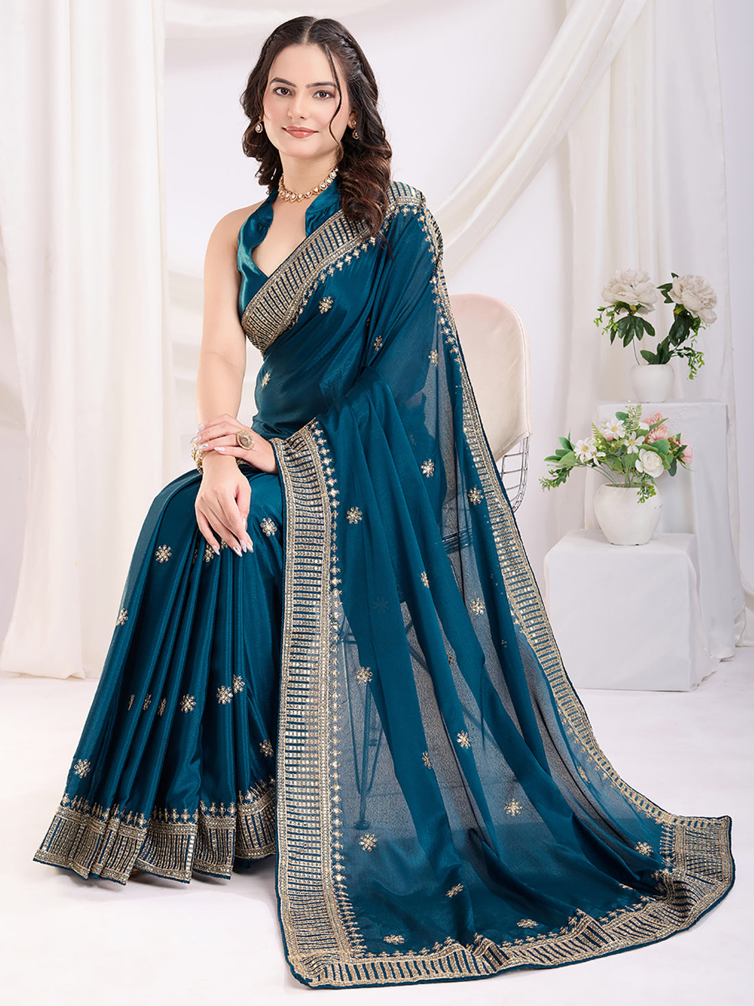 Charming Teal Blue Heavy Zari Border Work Chinon Silk Event Wear Saree