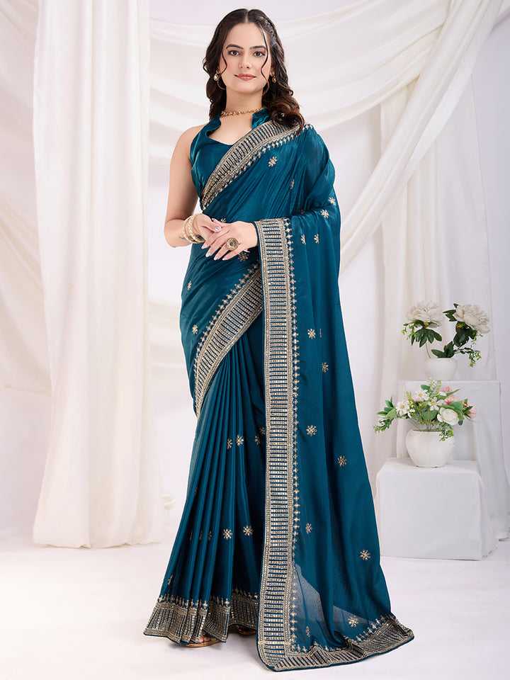 Charming Teal Blue Heavy Zari Border Work Chinon Silk Event Wear Saree