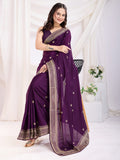 Fabulous Violet Heavy Zari Border Work Chinon Silk Engagement Wear Saree