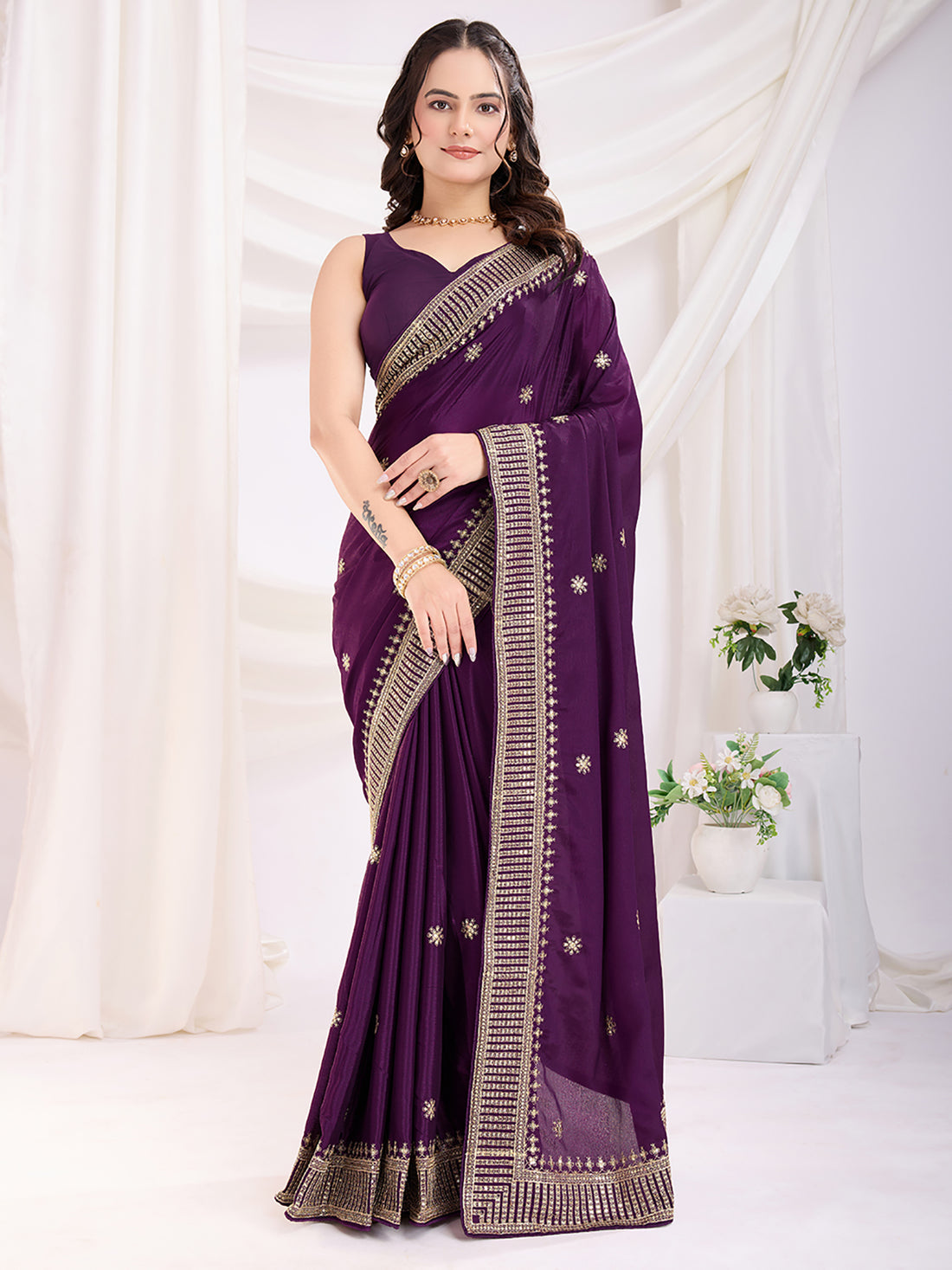 Fabulous Violet Heavy Zari Border Work Chinon Silk Engagement Wear Saree