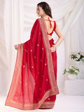 Incredible Red Heavy Zari Border Work Chinon Silk Bridal Saree