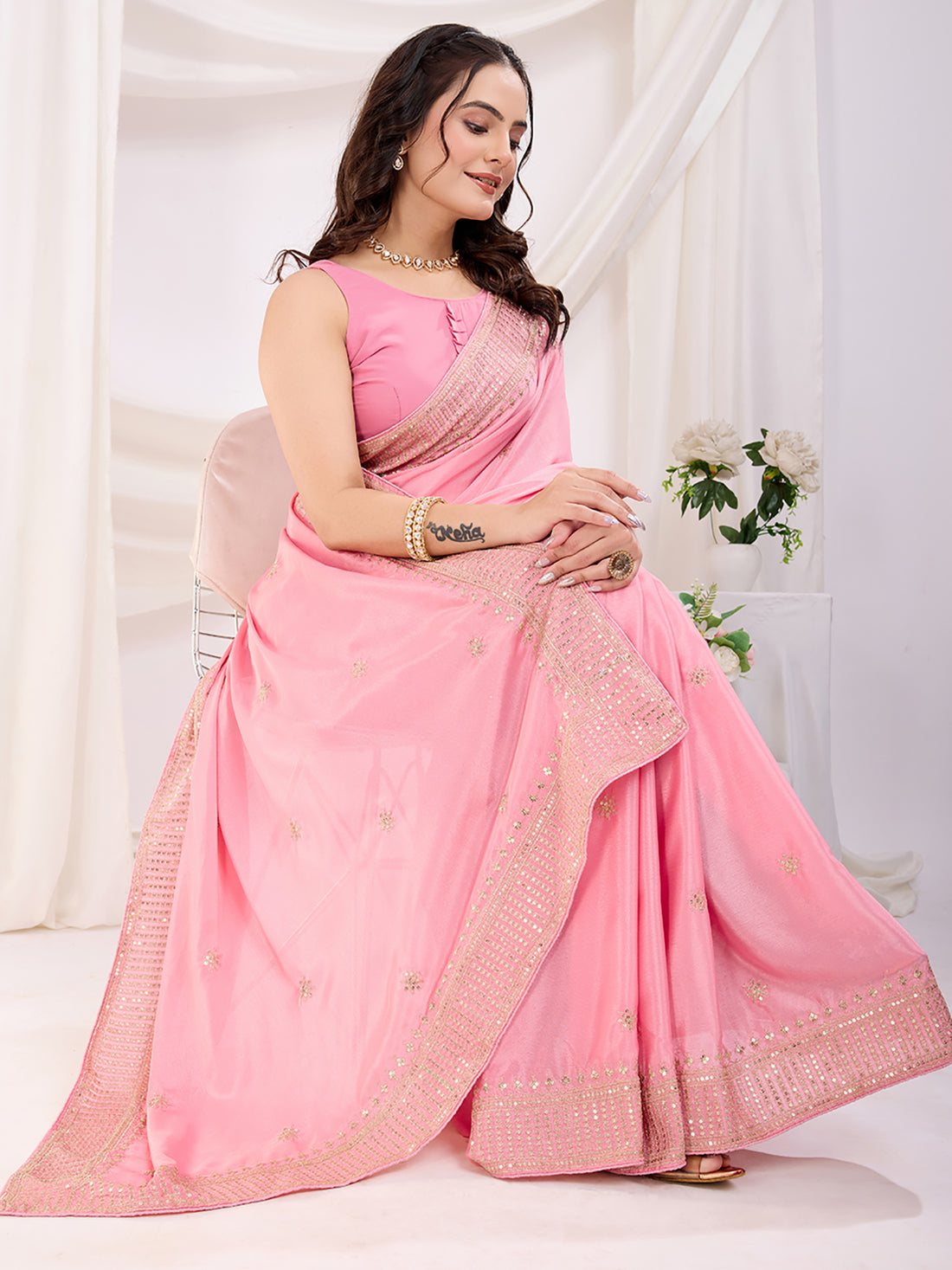 Sweet Pink Heavy Zari Border Work Chinon Silk Festive Wear Saree