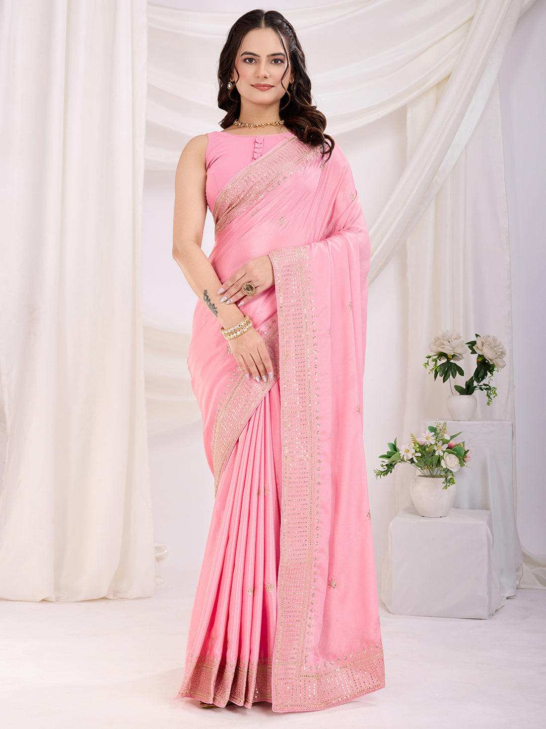 Sweet Pink Heavy Zari Border Work Chinon Silk Festive Wear Saree