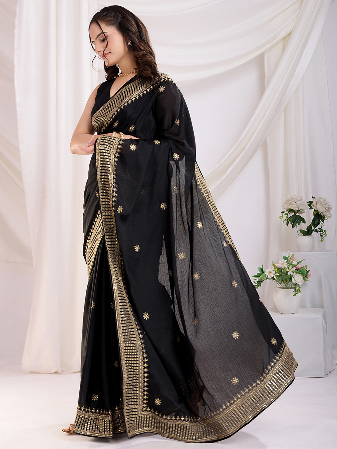 Precious Black Heavy Zari Border Work Chinon Silk Party Wear Saree