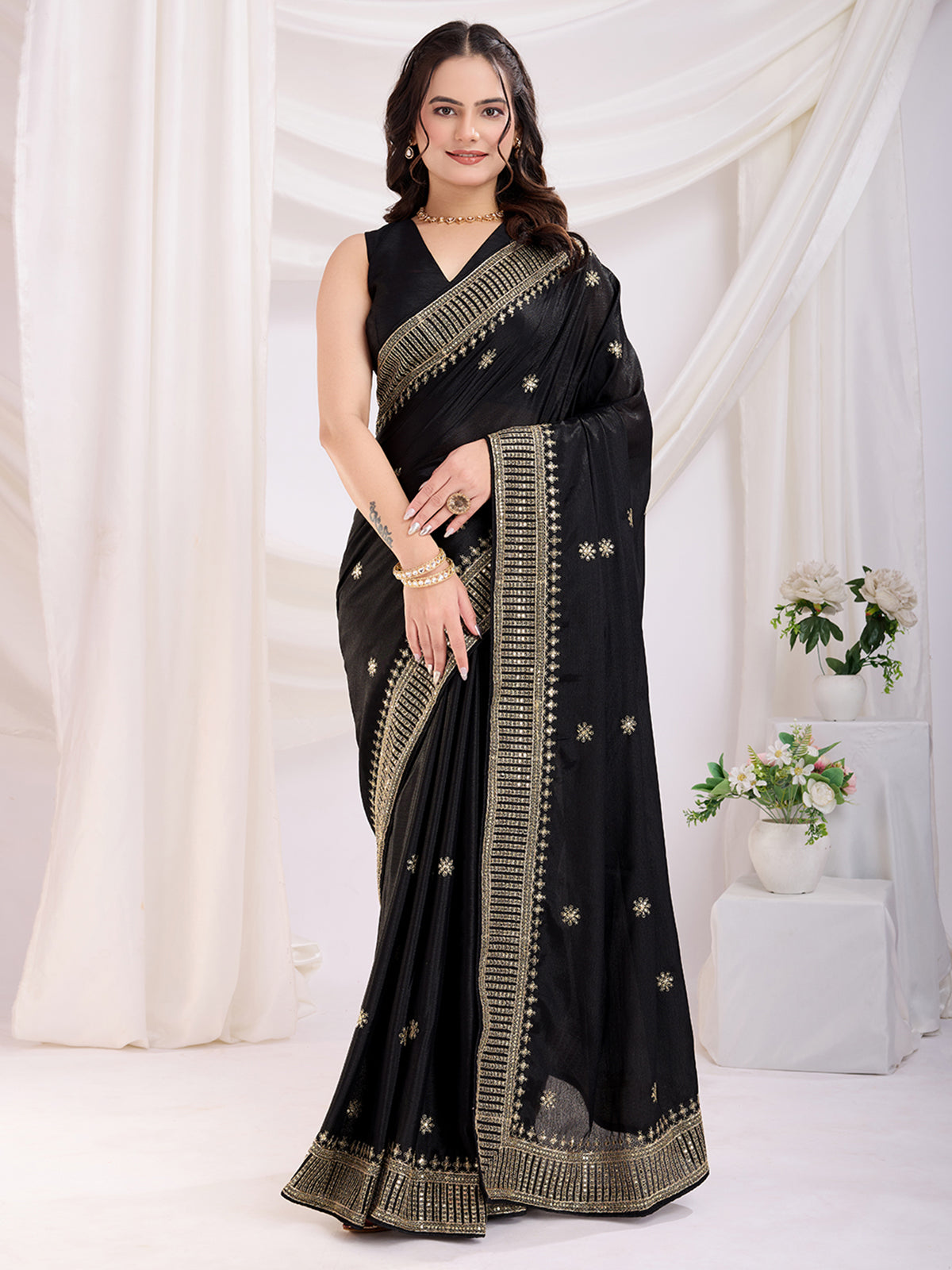 Precious Black Heavy Zari Border Work Chinon Silk Party Wear Saree