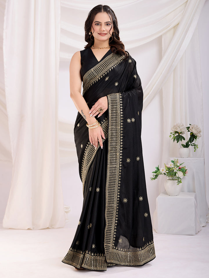 Precious Black Heavy Zari Border Work Chinon Silk Party Wear Saree