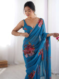 Attractive Teal Blue Floral Printed Georgette Casual Wear Saree