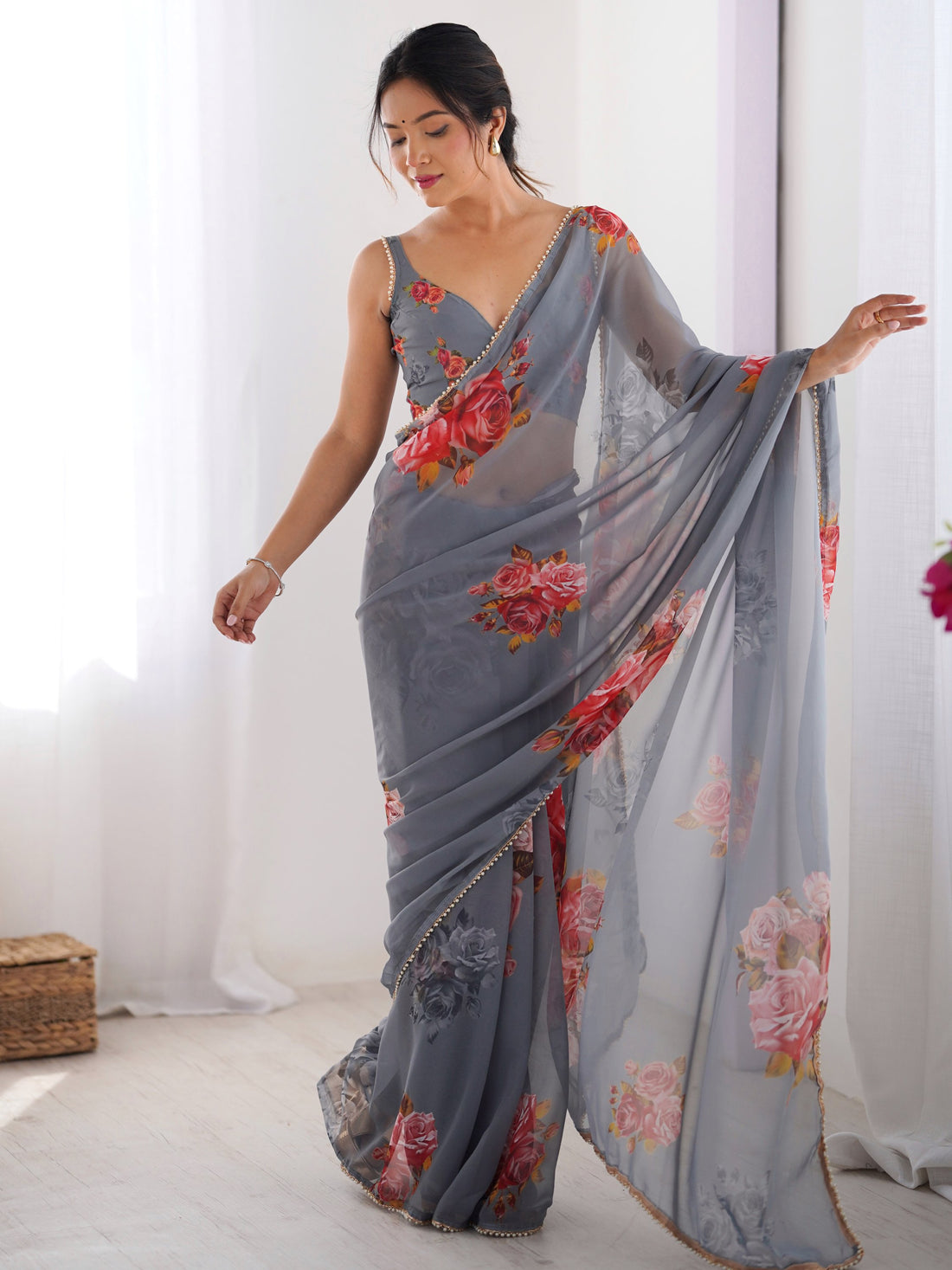Spectacular Grey Floral Printed Georgette Traditional Wear Saree With Blouse