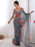 Spectacular Grey Floral Printed Georgette Traditional Wear Saree With Blouse