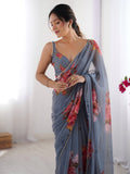 Spectacular Grey Floral Printed Georgette Traditional Wear Saree With Blouse