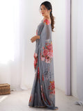 Spectacular Grey Floral Printed Georgette Traditional Wear Saree With Blouse