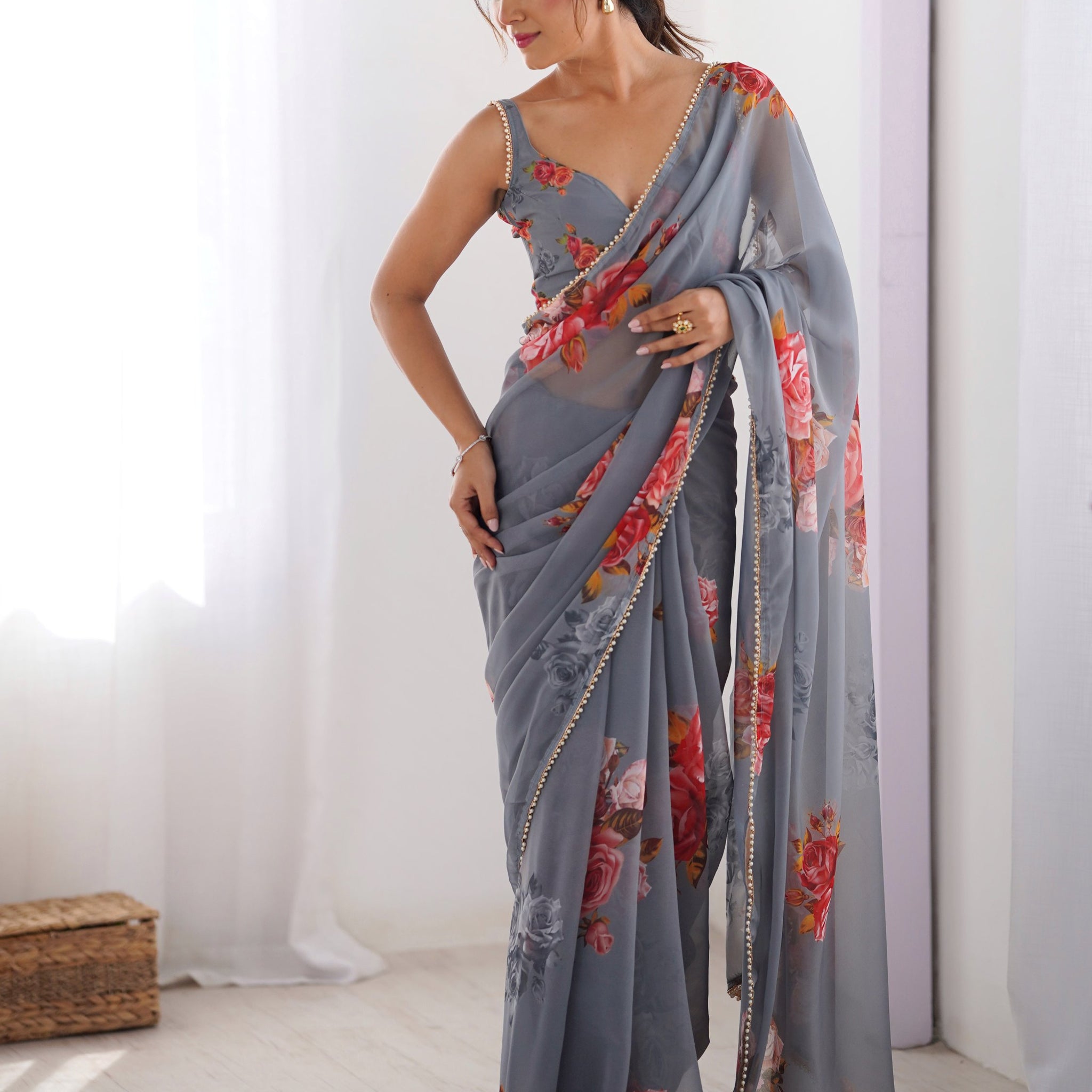 Spectacular Grey Floral Printed Georgette Traditional Wear Saree With Blouse