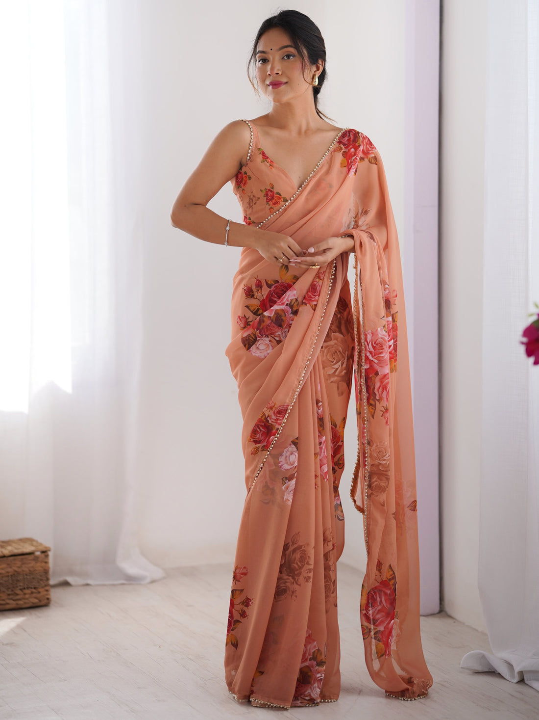 Pretty Peach Floral Printed Georgette Festive Wear Saree With Blouse