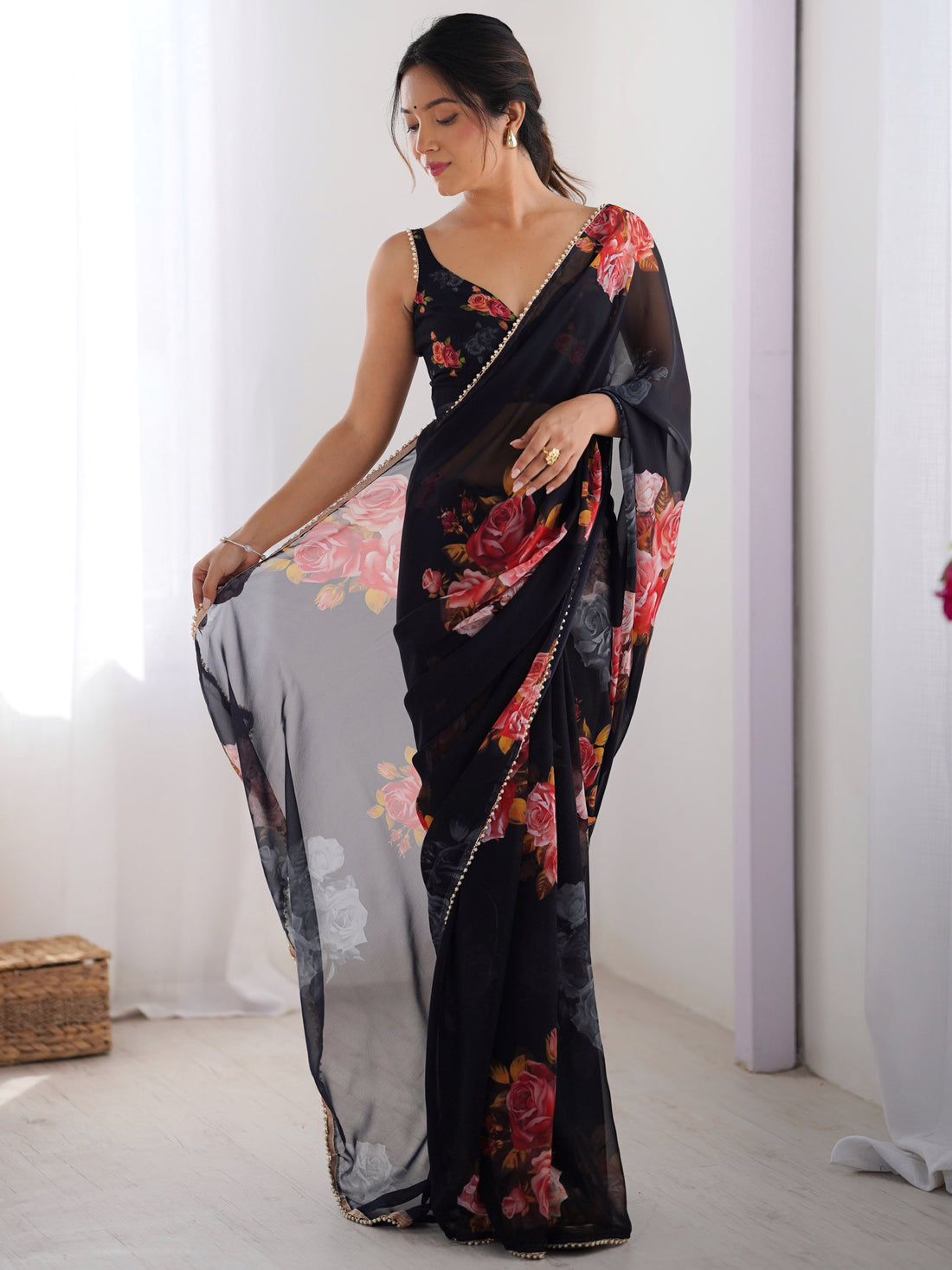 Dazzling Black Floral Printed Georgette Party Wear Saree With Blouse